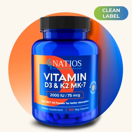 Vitamín D3 + K2 (MenaQ7 MK 7), 2000 IU + 75 mcg, 100 kapslí