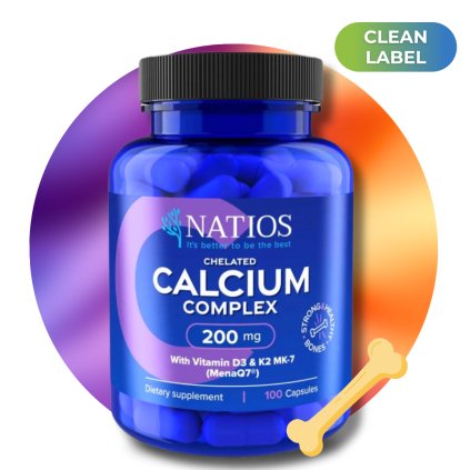 Chelated Calcium Complex, Vápník s vitamíny D3 a K2 MK 7, 200 mg, 100 kapslí