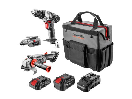 Sada Energy+ vrtačka/přístroj (58G000), úhlová bruska (58G003), USB adaptér-LED baterka (58G025), 2,0Ah (58G001) a 4.0Ah (58G004), nabíječka (58G003), 58G093-CS