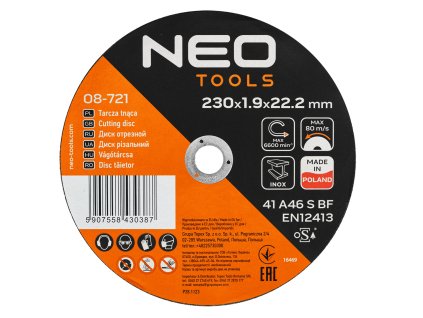 Řezné kotouče na kov/INOX 230 x 1,9 x 22,2 mm, 41 A46-S-BF, 25 ks v kartonu. Vyrobeno v PL 08-721