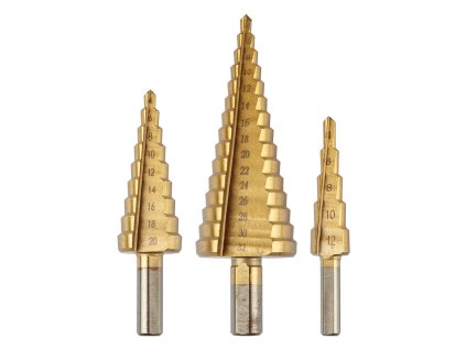 Stupňový vrták: 4-12, 4-20, 4-32 mm, TiN, sada 3 ks. 54T300