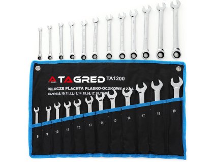 Kľúče s plochou hlavou a račňou 12 ks, 8-19 mm, CrV kované, kalené TA1200