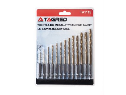 Titanové vrtáky, dvojito brúsené HSS 1,5 - 6,5 mm 13 ks BIT HEX 1/4'' TA1115