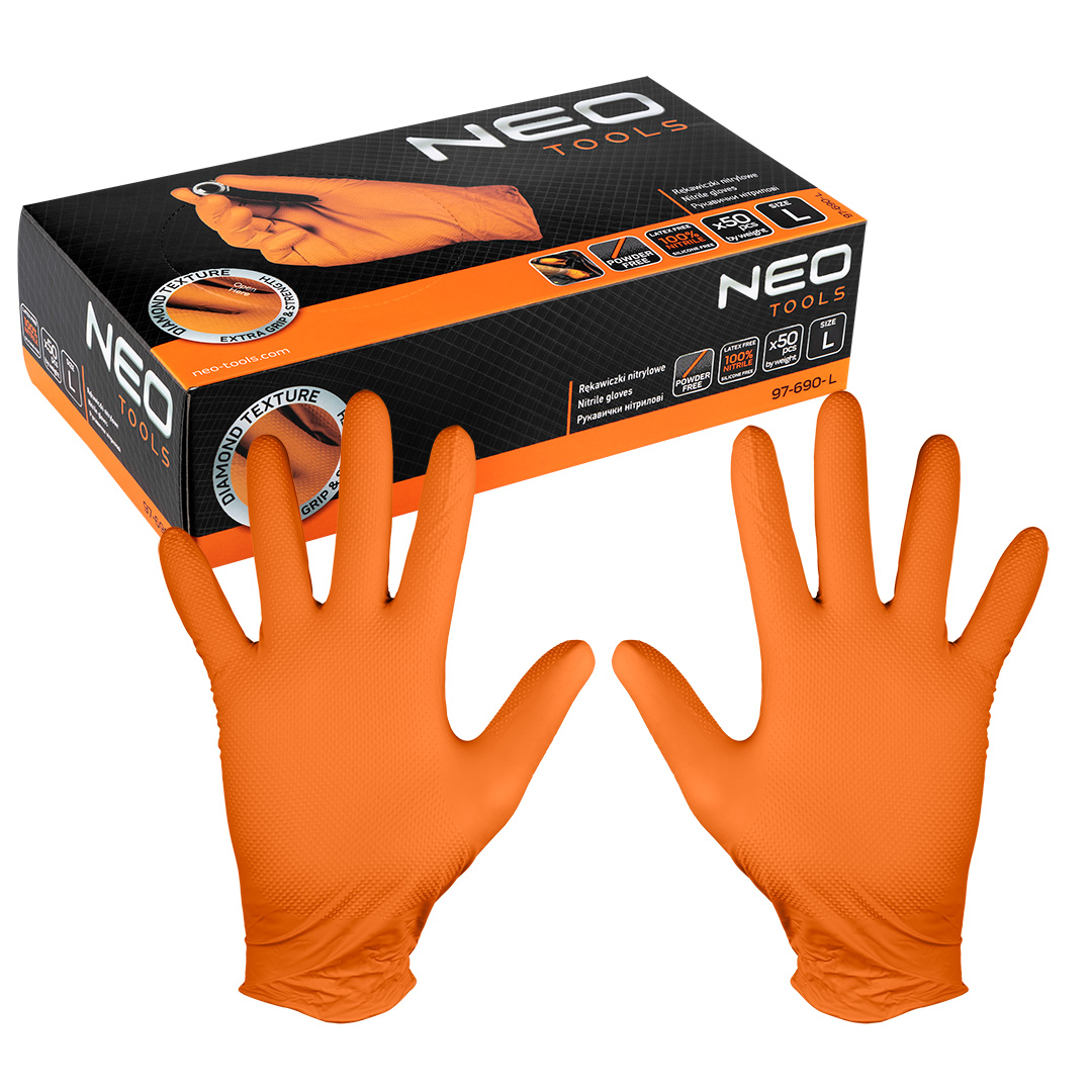 E-shop NEO TOOLS Perforované nitrilové rukavice, oranžové, 50 kusov, veľkosť L 97-690-L
