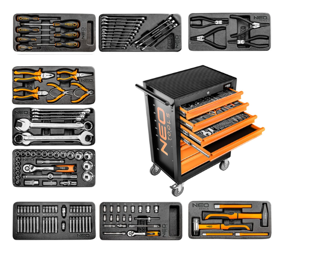 NEO TOOLS Dielenký vozík, 7 zásuviek + 129 nástrojov 84-222-9