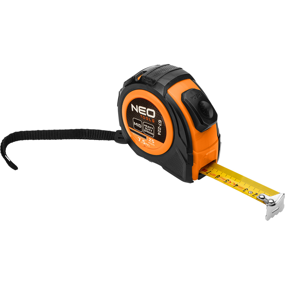 E-shop NEO TOOLS Valcovaný oceľový meter 7,5 m x 25 mm, automatické blokovanie, dve tlačidlá na zastavenie 67-224