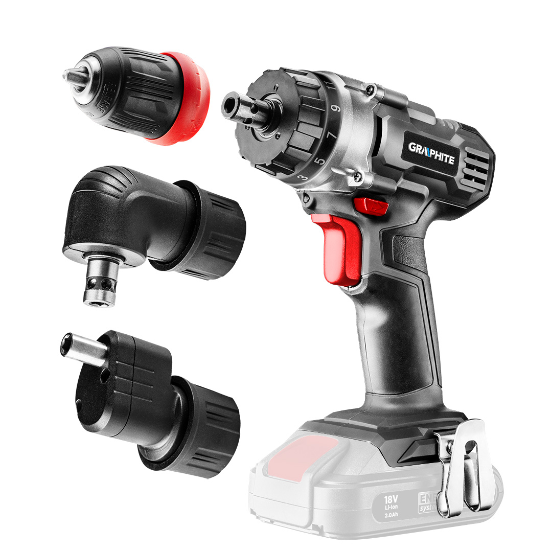 E-shop GRAPHITE Akumulátorový vŕtací skrutkovač Energy+ 18 V, 10 mm odnímateľná rukoväť, plus adaptér na uhly a hrany 58G022-AD