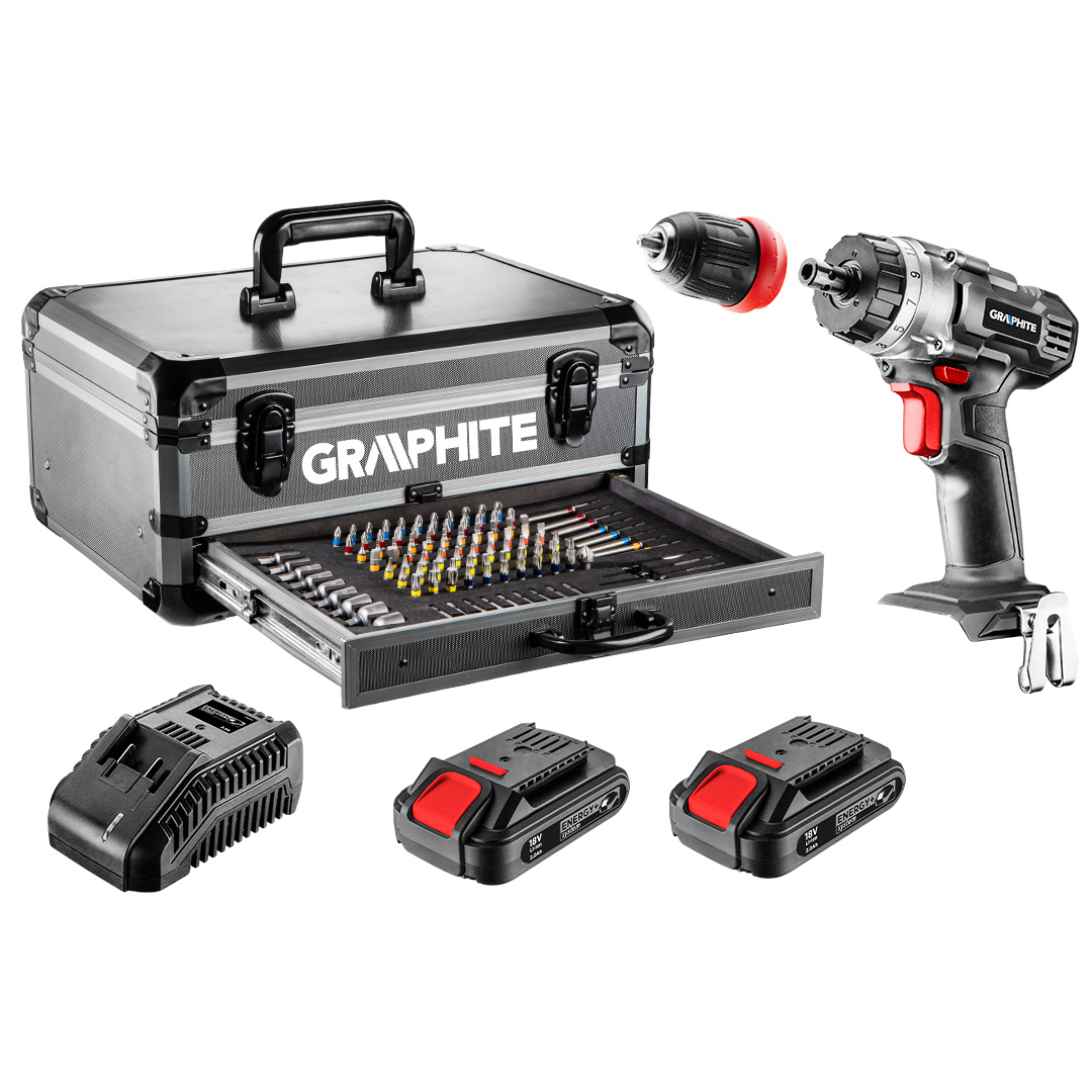 E-shop GRAPHITE Súprava Energy+ v hliníkovom kufríku: vŕtací skrutkovač 2 x 18 V/2,0 Ah, 10 mm + 109 ks prístušenstva 58G022-PS15