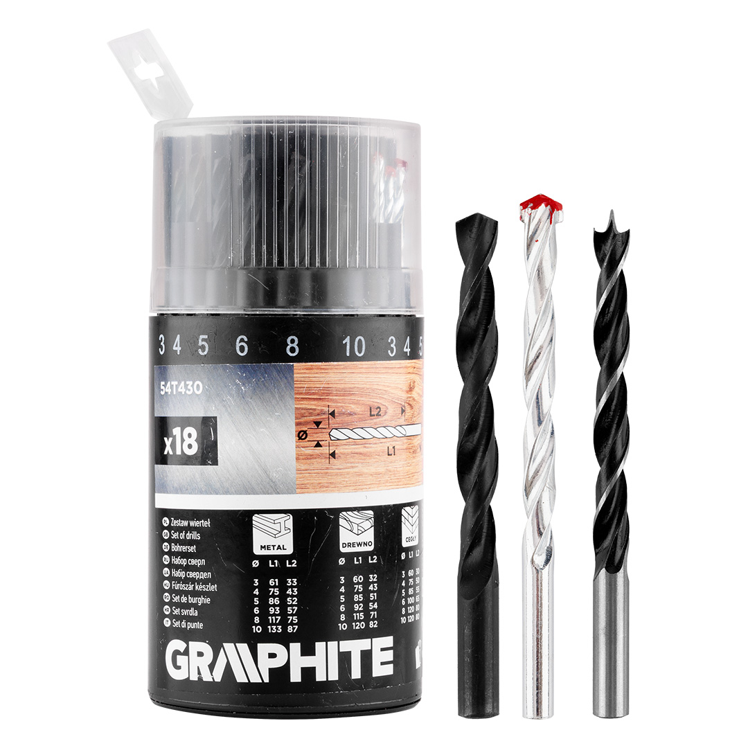 E-shop GRAPHITE Sada vrtákov do kovu, dreva, tehál: 3, 4, 5, 6, 8, 10 mm, 18 ks. 54T430