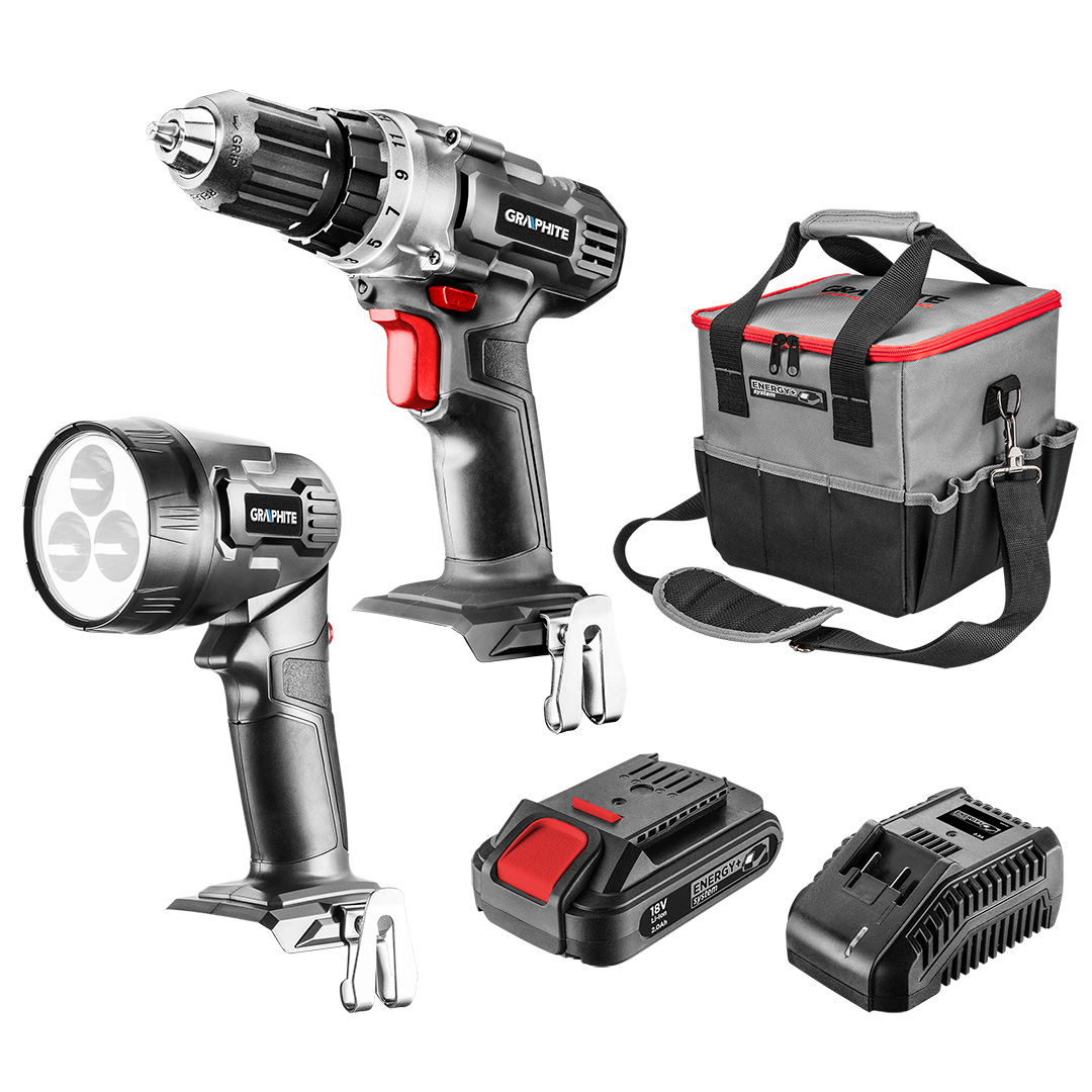 E-shop GRAPHITE Súprava akumulátorového elektrického náradia: vŕtací skrutkovač, svietidlo, taška, akumulátor Energy+ 18 V, Li-Ion 2,0 Ah, nabíjačka 58G016