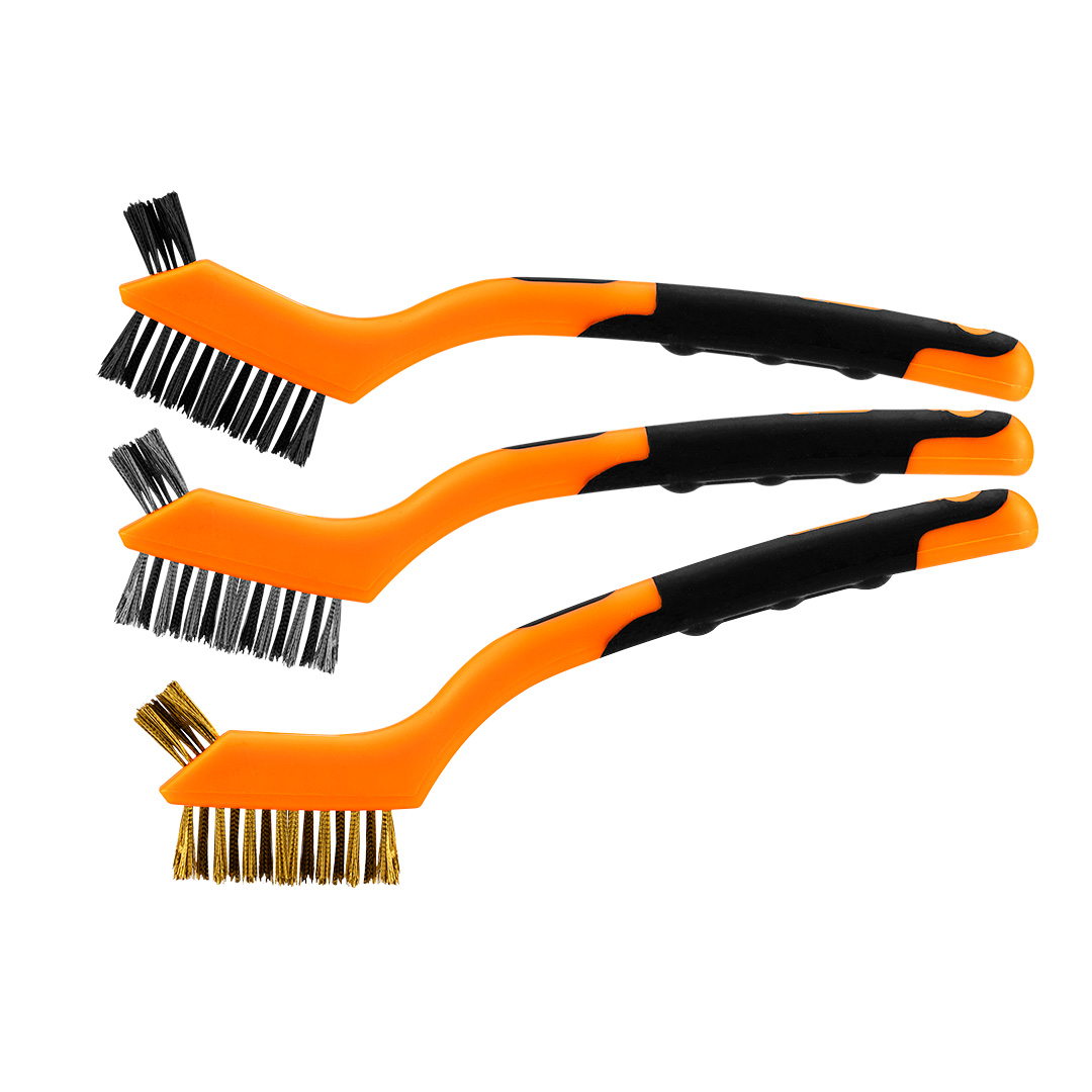 E-shop NEO TOOLS Drôtené kefy sada 3 ks, 3x7 jednotlivých radov (Kefy z oceľového drôtu, nylonu a mosadze. Kefa je profilovaná na účinné čistenie.) 39-100