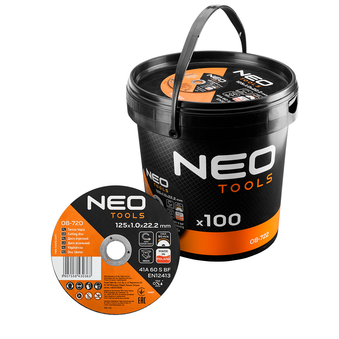 E-shop NEO TOOLS Rezné kotúče na kov/INOX 125 x 1,0 x 22,2 mm, 41 A60-S-BF, 100 ks vedro. Vyrobené v PL 08-722