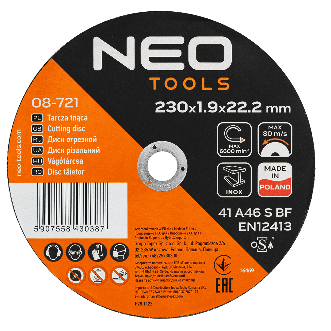 E-shop NEO TOOLS Rezné kotúče na kov/INOX 230 x 1,9 x 22,2 mm, 41 A46-S-BF, 25 ks v kartóne. Vyrobené v PL 08-721