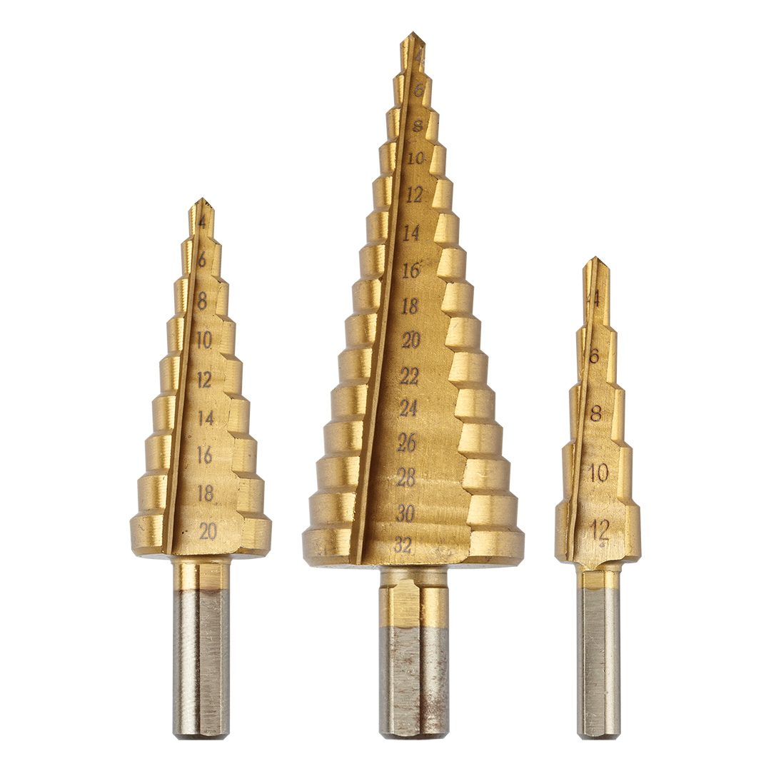 E-shop GRAPHITE Stupňovy vrták: 4-12, 4-20, 4-32 mm, TiN, sada 3 ks. 54T300