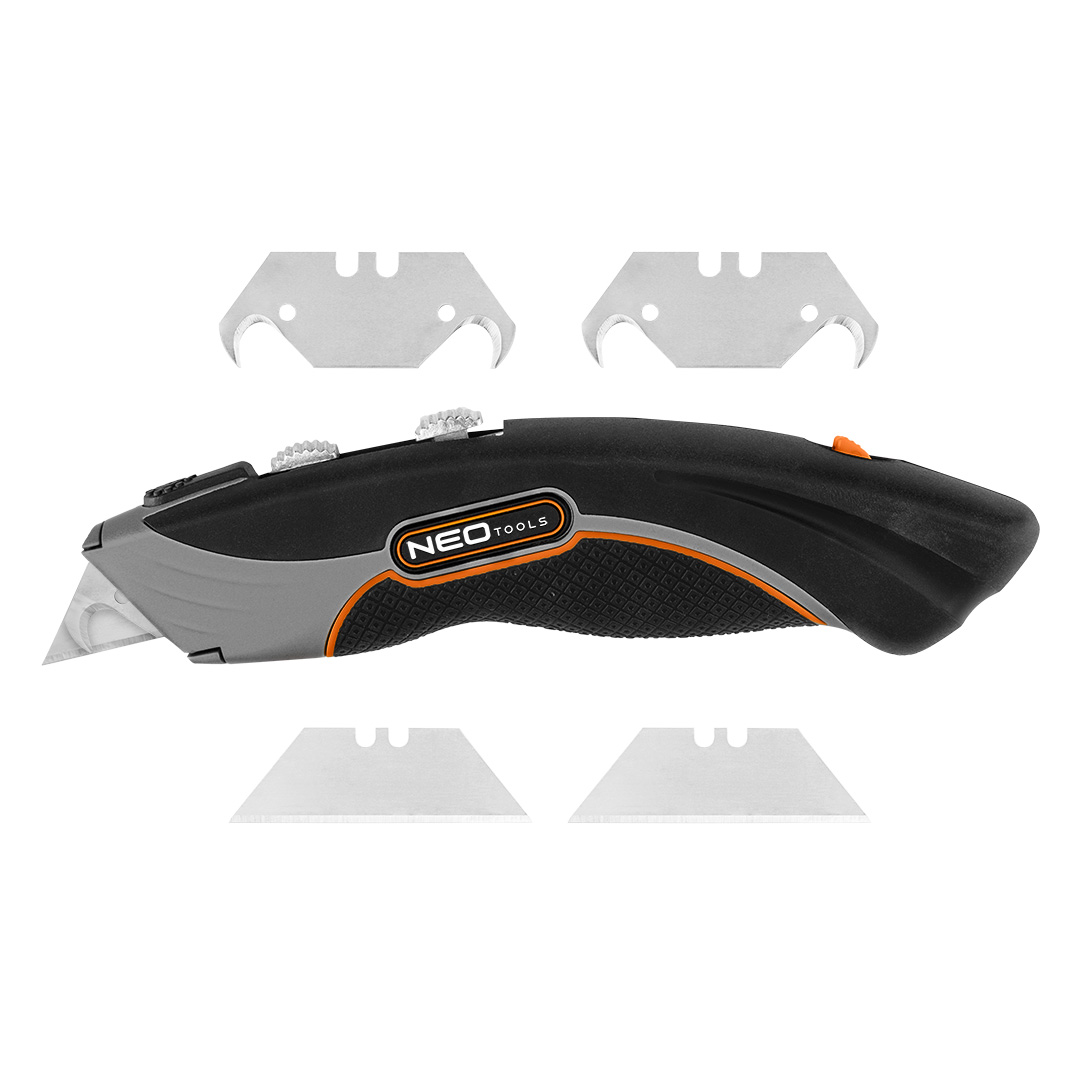 E-shop NEO TOOLS Nôž s lichobežníkovou čepeľou a hákovou čepeľou, kovové telo 6 čepelí 63-700