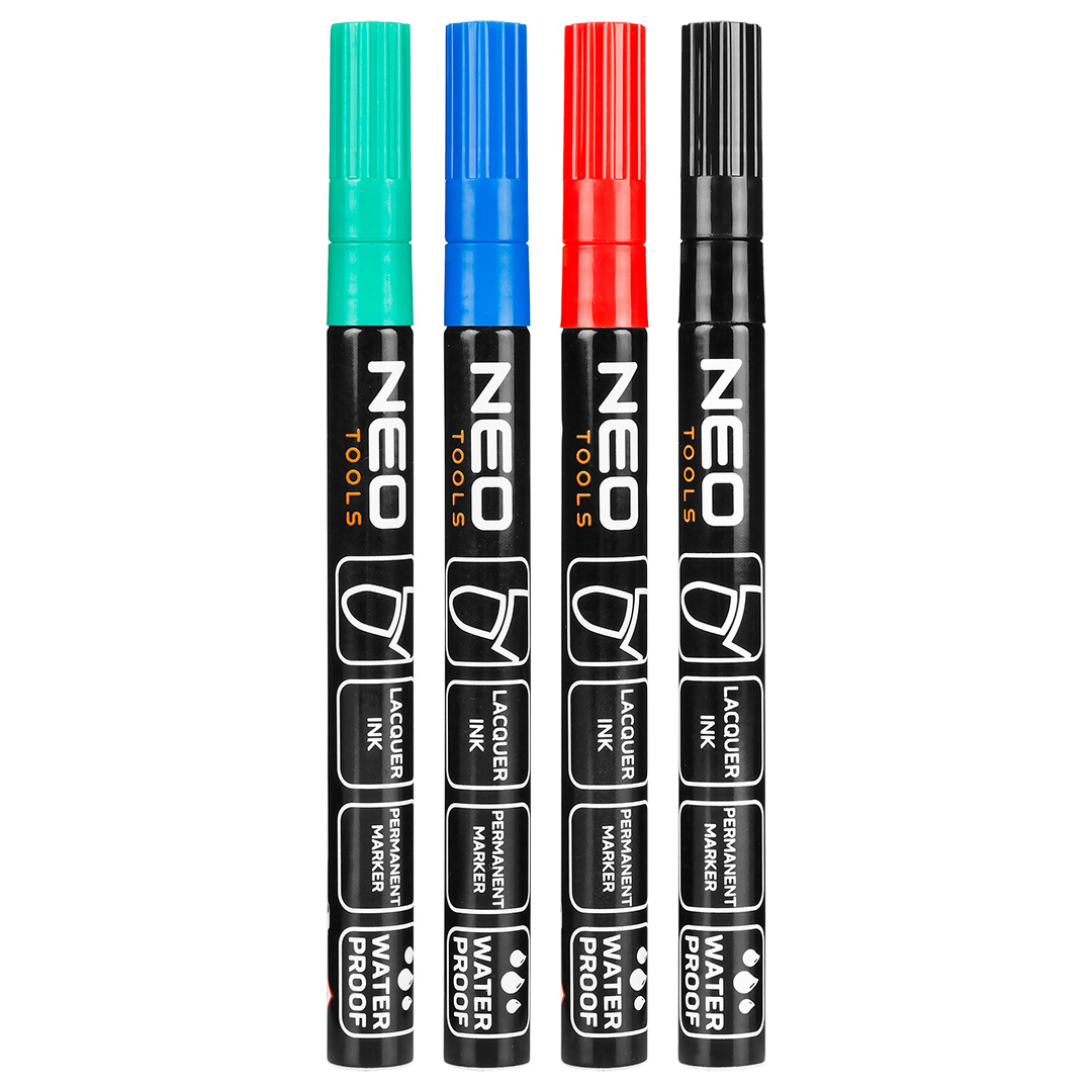 E-shop NEO TOOLS Stavebný popisovač, 4 farby, permanentný, vodeodolný, lak, hliník, 4 ks 13-853
