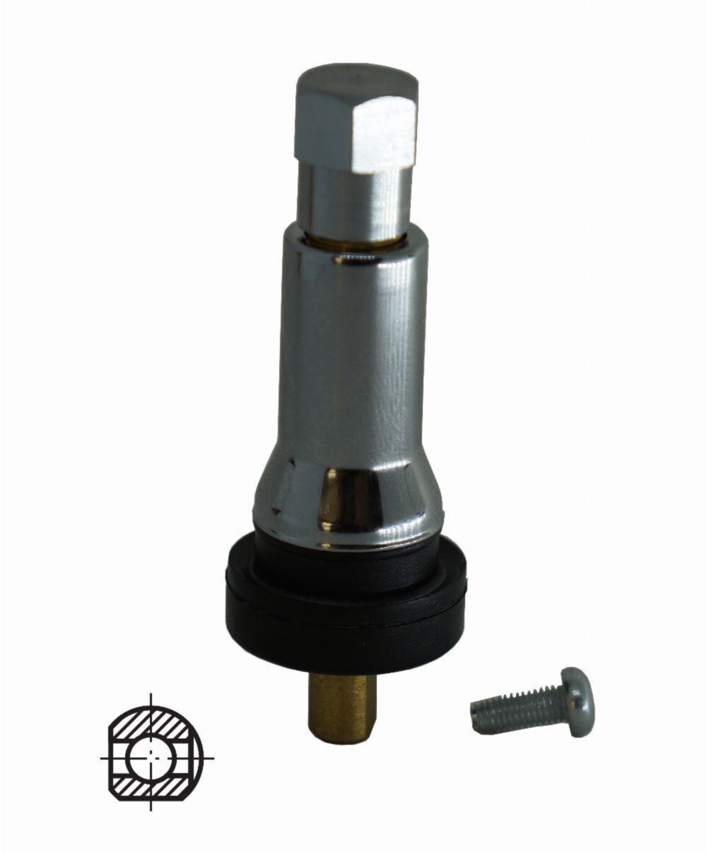 E-shop Rubber TPMS valve for OEM Schrader TR413 sensor, brand new with a chrome cap - TWO SEPARATE PARTS(valve and alu cap)