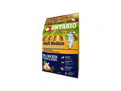 ONTARIO Dog Adult Medium Chicken & Potatoes & Herbs 12kg  + dárek Hovězí masové paté 300g ZDARMA