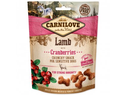 Carnilove Dog Crunchy Snack Lamb with Cranberries with fresh meat 200 g Lahodný pamlsek z jehněčího masa vhodný pro citlivé psy. S brusinkami, přírodním zdrojem antioxidantů pro silnou imunitu. Bez obilovin a přidaného cuk
