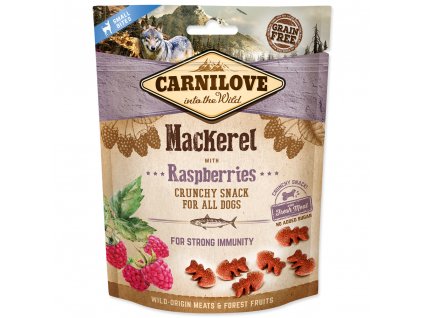 Carnilove Dog Crunchy Snack Mackerel&Raspberries 200g  Lahodný pamlsek z makrely s malinami, přírodním zdrojem antioxidantů pro silnou imunitu. Vhodný pro všechny psy. Bez obilovin a přidaného cukru.