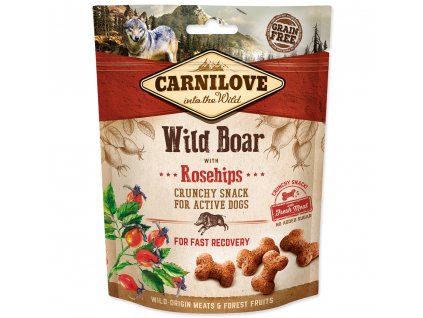Carnilove Dog Crunchy Snack Wild Boar with Rosehips with fresh meat 200 g Lahodný pamlsek z divočáka s šípkem, přírodním zdrojem vitaminu C pro rychlé zotavení. Vhodný pro aktivní psy. Bez obilovin a přidaného cukru.