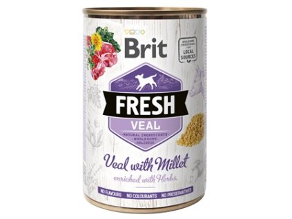 Brit Fresh Dog konzerva Veal with Millet 400g  Brit Fresh Cans nabízí delikátní, kompletní a vybalancovanou výživu s masem, orgány, zeleninou, ovocem a bylinkami z lokálních zdrojů.