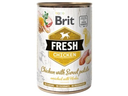 Brit Fresh Dog konzerva Chicken with Sweet Potato 400g  Brit Fresh Cans nabízí delikátní, kompletní a vybalancovanou výživu s masem, orgány, zeleninou, ovocem a bylinkami z lokálních zdrojů.