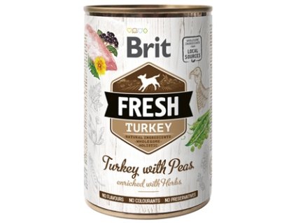 Brit Fresh Dog konzerva Turkey with Peas 400g  Brit Fresh nabízí delikátní, kompletní a vybalancovanou výživu s masem, zeleninou, ovocem a bylinkami z lokálních zdrojů.