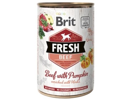 Brit Fresh Dog konzerva Beef with Pumpkin 400g  Brit Fresh nabízí delikátní, kompletní a vybalancovanou výživu s masem, zeleninou, ovocem a bylinkami z lokálních zdrojů.