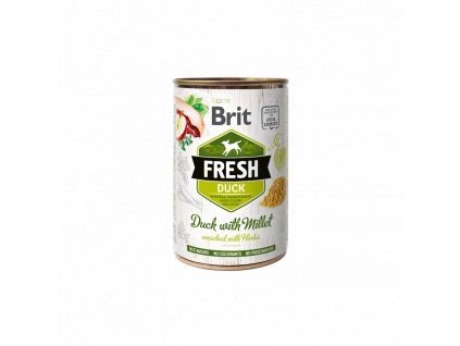 Brit Dog Fresh konzerva Duck with Millet 400g Brit Fresh nabízí delikátní, kompletní a vybalancovanou výživu s masem, zeleninou, ovocem a bylinkami z lokálních zdrojů.