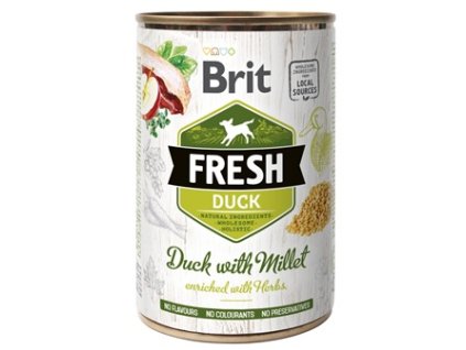 Brit Fresh Dog Fresh konzerva Duck with Millet 400g  Brit Fresh nabízí delikátní, kompletní a vybalancovanou výživu s masem, zeleninou, ovocem a bylinkami z lokálních zdrojů.