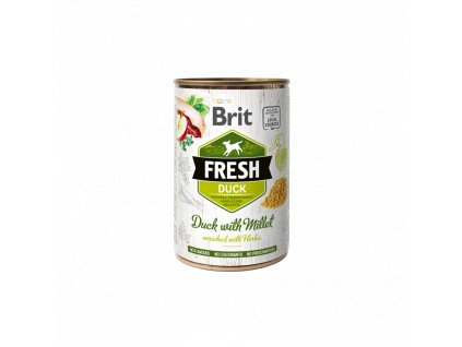 Brit Fresh Dog Fresh konzerva Duck with Millet 400g  Brit Fresh nabízí delikátní, kompletní a vybalancovanou výživu s masem, zeleninou, ovocem a bylinkami z lokálních zdrojů.