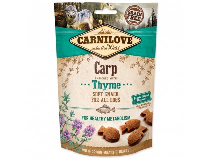 CARNILOVE Dog Semi Moist Snack Carp enriched with Thyme (200g) Lahodný poloměkký kapří pamlsek s tymiánem pro zdravý metabolismus vhodný pro všechny psy. Bez obilovin, bez přidaného cukru