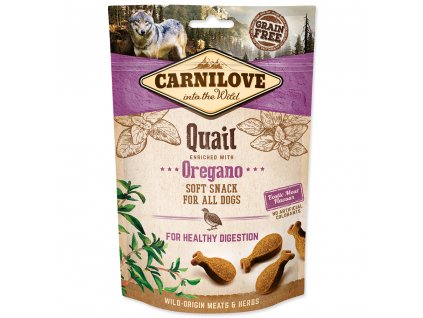 CARNILOVE Dog Semi Moist Snack Quail enriched with Oregano (200g) Lahodný poloměkký pamlsek s křepelkou a oreganem pro zdravý metabolismus.vhodný pro všechny psy. Bez obilovin, bez přidaného cukru.