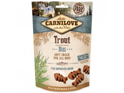 CARNILOVE Dog Semi Moist Snack Trout&Dill 200g  Lahodný poloměkký pamlsek ze pstruha s medvědím česnekem pro zlepšení nálady, ale i jako repelentní účinky,  vhodný pro všechny psy. Bez obilovin, bez