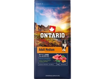 ONTARIO Dog Adult Medium Lamb & Rice 12kg + dárek Hovězí masové paté 300g ZDARMA+2,25kg granulí navíc