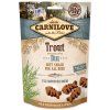 Carnilove Dog Soft Snack Trout+Dill 200g  Lahodný poloměkký pamlsek ze pstruha s medvědím česnekem pro zlepšení nálady, ale i jako repelentní účinky,  vhodný pro všechny psy. Bez obilovin, bez