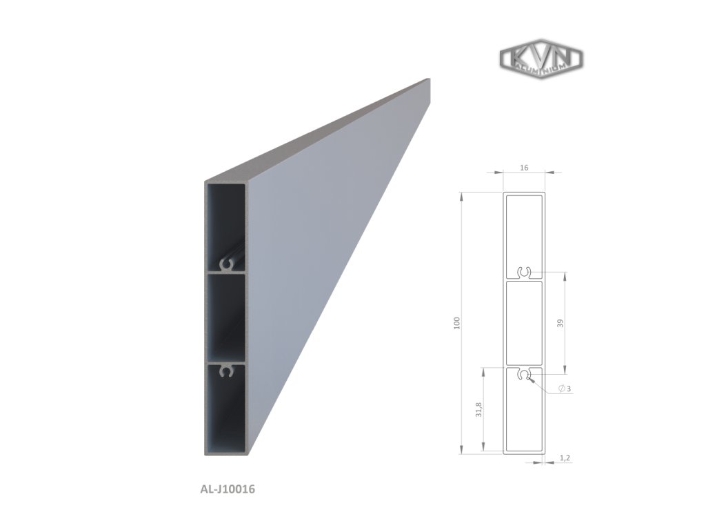 Hliníkový profil na výplň 100x16mm, přírodní hliník EN AW-6060 T66, bez povrchové úpravy, délka 6m