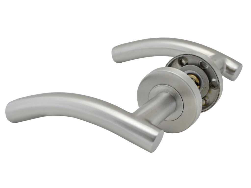 Klika nerezová (pár) bez dolní rozety, balení: 2ks klika + příslušenství k montáži, broušená nerez K320/AISI304, spodní část rozety pozink