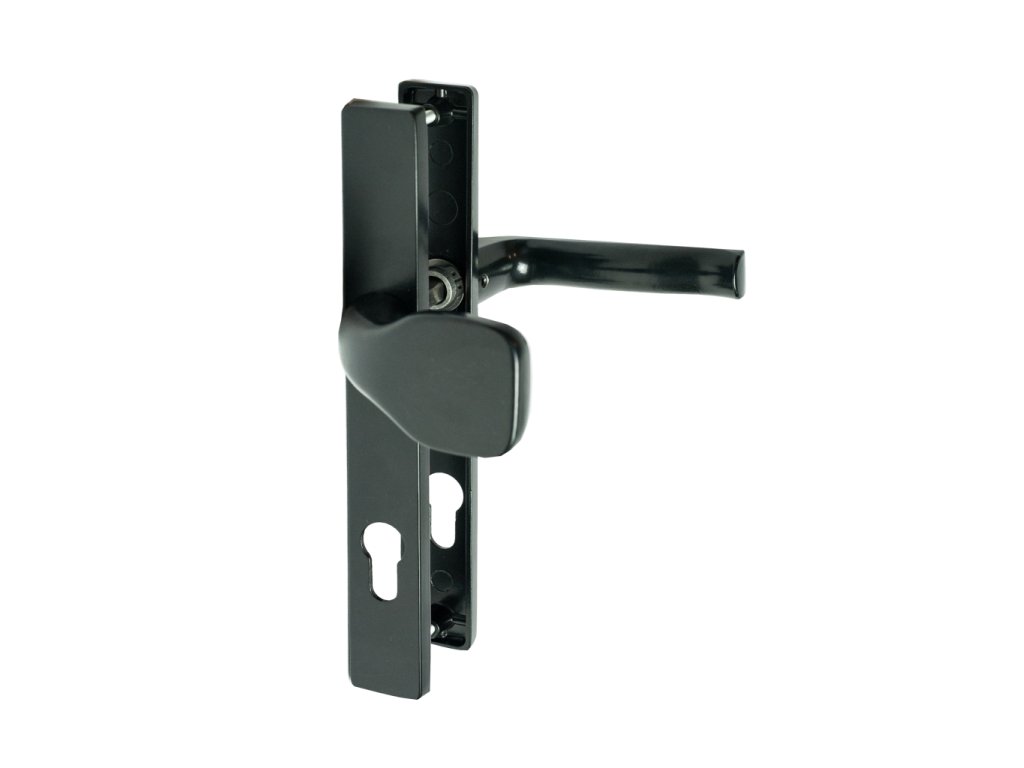 Klika AL, s koulí, rozměr štítku 239x32mm, rozteč 90mm, černá prášková barva vypalovaná, s otvorem pro stavební vložku, pár