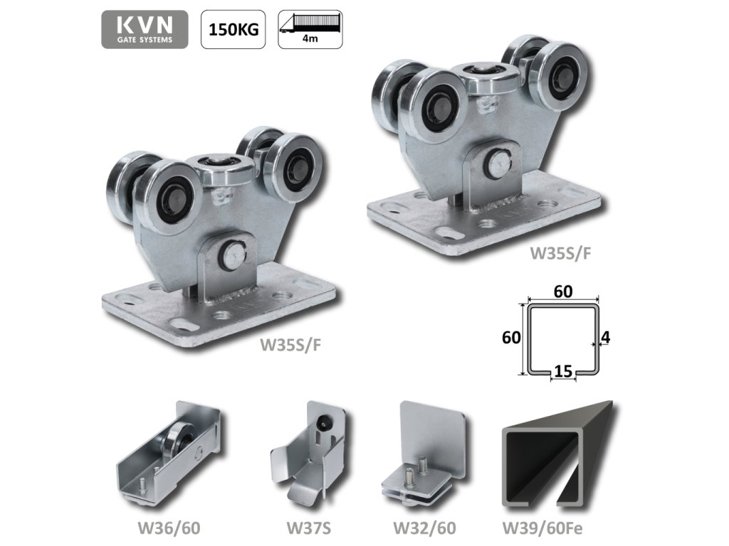 Samonosný systém 60x60x4mm pro posuvné brány do 150kg/4m, černý profil, ocelová kolečka