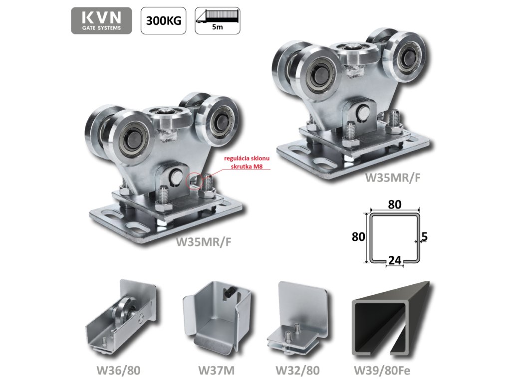 Samonosný systém 80x80x5mm pro posuvné brány do 300kg/5m, černý profil, ocelová kolečka