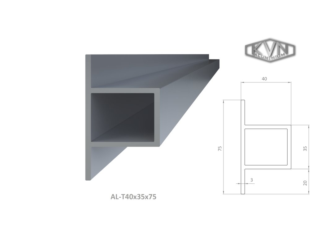 T profil dutý 40x35x75x3mm, délka=6000mm, materiál EN AW-6060 T66, přírodní hliník bez povrchové úpravy