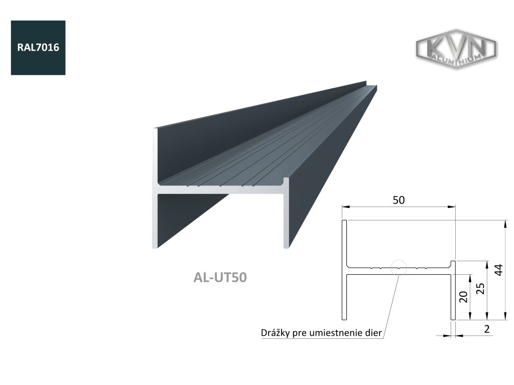 UT profil 50x44x6000mm, materiál EN AW-6060 T66, hliník s povrchovou úpravou antracit RAL7016