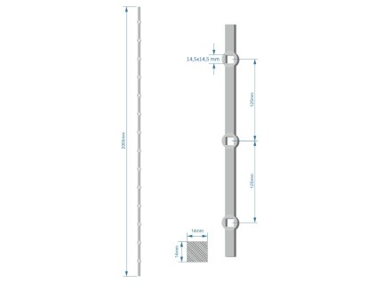 Probíjená tyč délky 2000mm, opískovaná, profil 14x14mm, rozteč děr 125mm, oko 14,5x14,5mm, na tyči je 14 děr