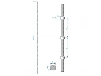 Probíjená tyč H 2000mm opískovaná, zdobený profil 12x12mm, rozteč děr 120mm, na jedné tyči je 16x oko 12,5x12,5mm