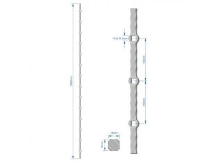 Probíjená tyč H 2000mm opískovaná, zdobený profil 14x14mm, rozteč děr 140mm, na jedné tyči je 14x oko 14,5x14,5mm