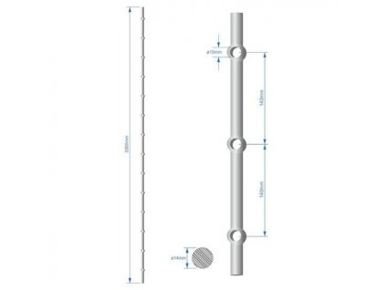 Probíjená tyč délky 2000mm, opískovaná, profil o 14mm, rozteč děr 140mm, oko průměr=15mm, na tyči je 14 děr