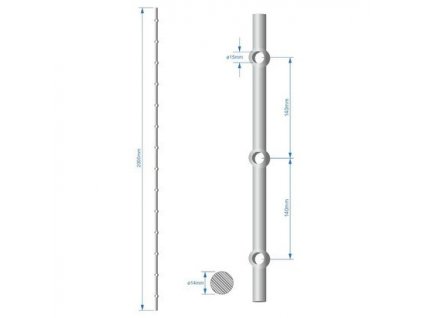 Probíjená tyč délky 2000mm, opískovaná, profil o 14mm, rozteč děr 140mm, oko průměr=15mm, na tyči je 14 děr