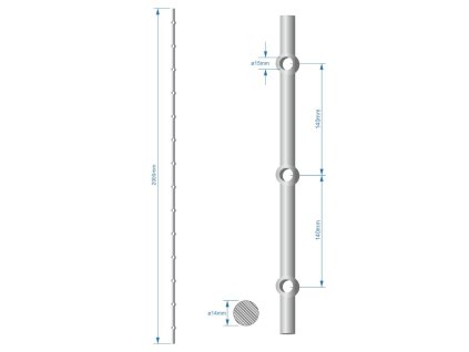 Probíjená tyč délky 2000mm, opískovaná, profil o 14mm, rozteč děr 140mm, oko průměr=15mm, na tyči je 14 děr